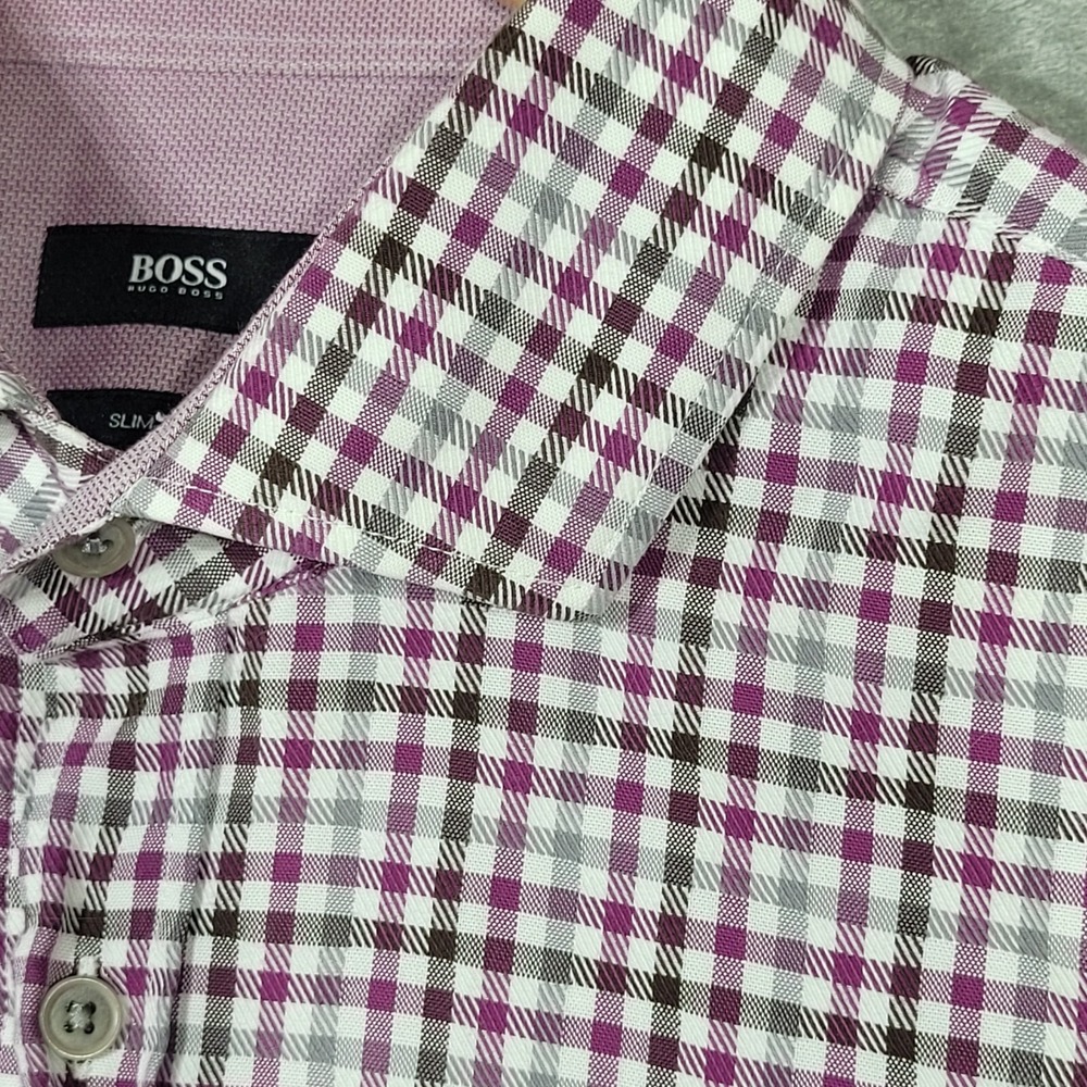 HUGO BOSS Shirt Mens 2XL Purple Gray Plaid Slim Fit Button Up Long Sleeve Casual